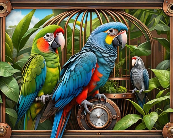 Colorful Parrots in a Tropical Setting with Birdcage