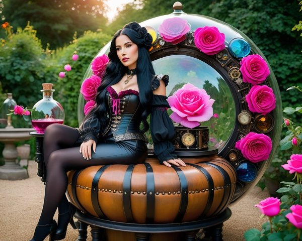 Mysterious Woman in Glass Dome Surrounded by Roses