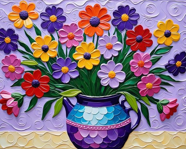 Colorful Flower Arrangement in Ceramic Vase on Lavender