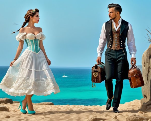 Couple on Beach in Vintage Attire with Turquoise Waters