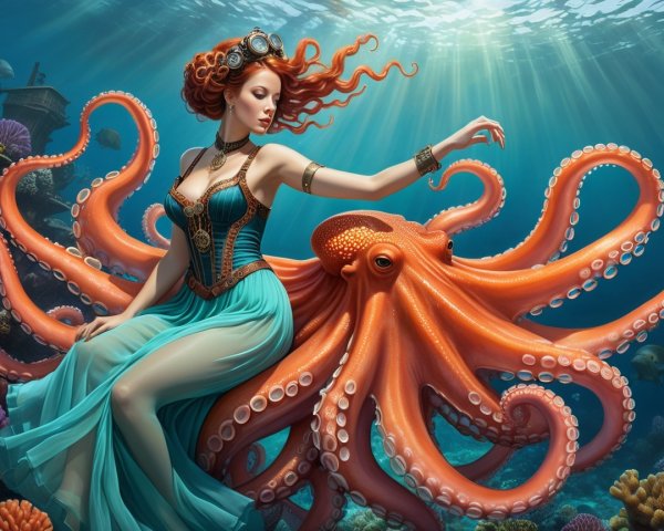 Underwater Scene with Woman and Vibrant Octopus