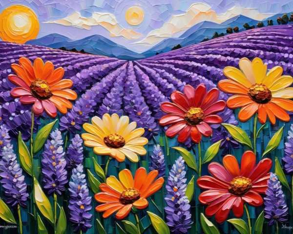 Vibrant Landscape with Lavender Field and Mountains