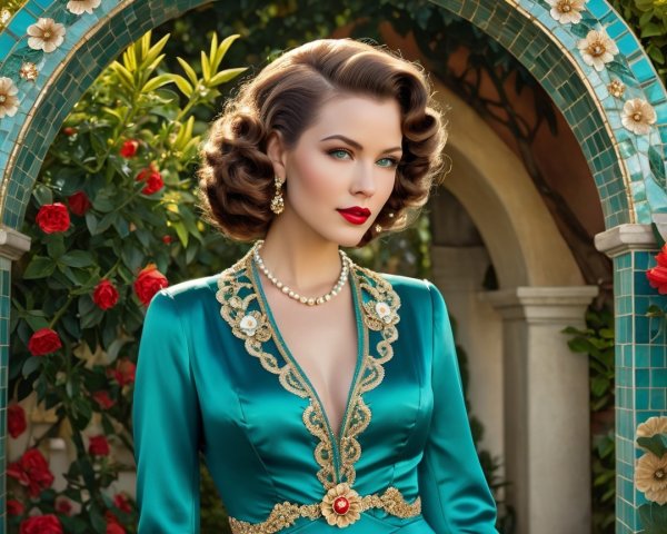 Glamorous Woman in Teal Dress Surrounded by Roses