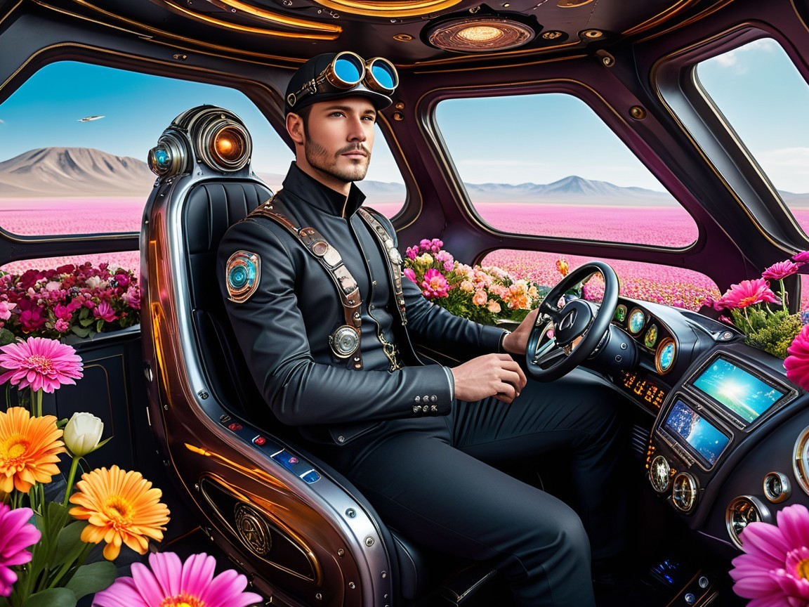 Stylish Man in Futuristic Vehicle Surrounded by Flowers