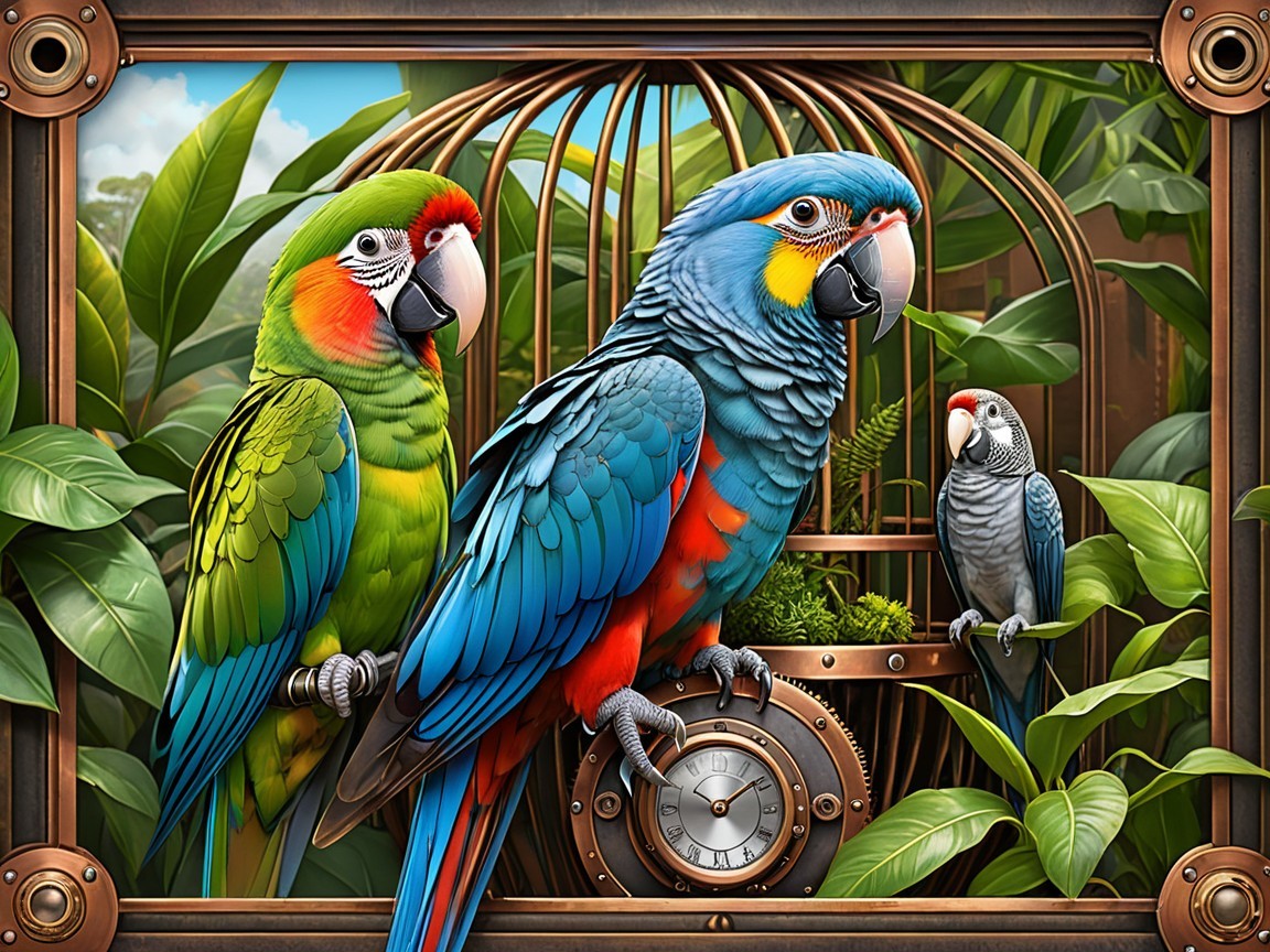 Colorful Parrots in a Tropical Setting with Birdcage