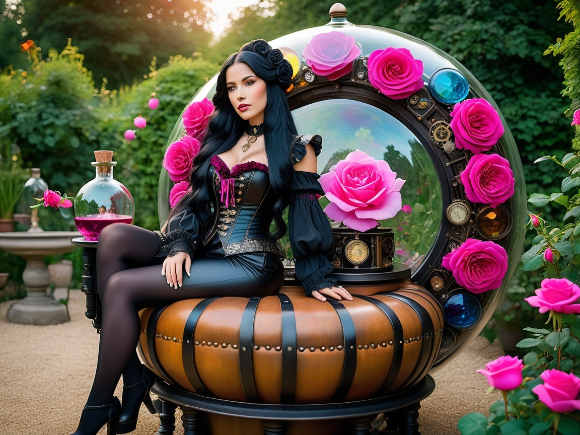 Mysterious Woman in Glass Dome Surrounded by Roses