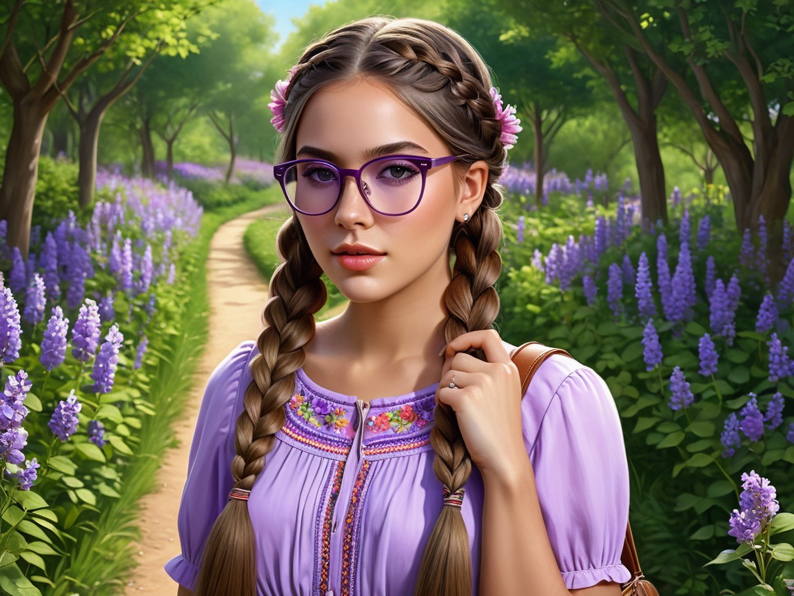 Young woman in lavender dress on serene path