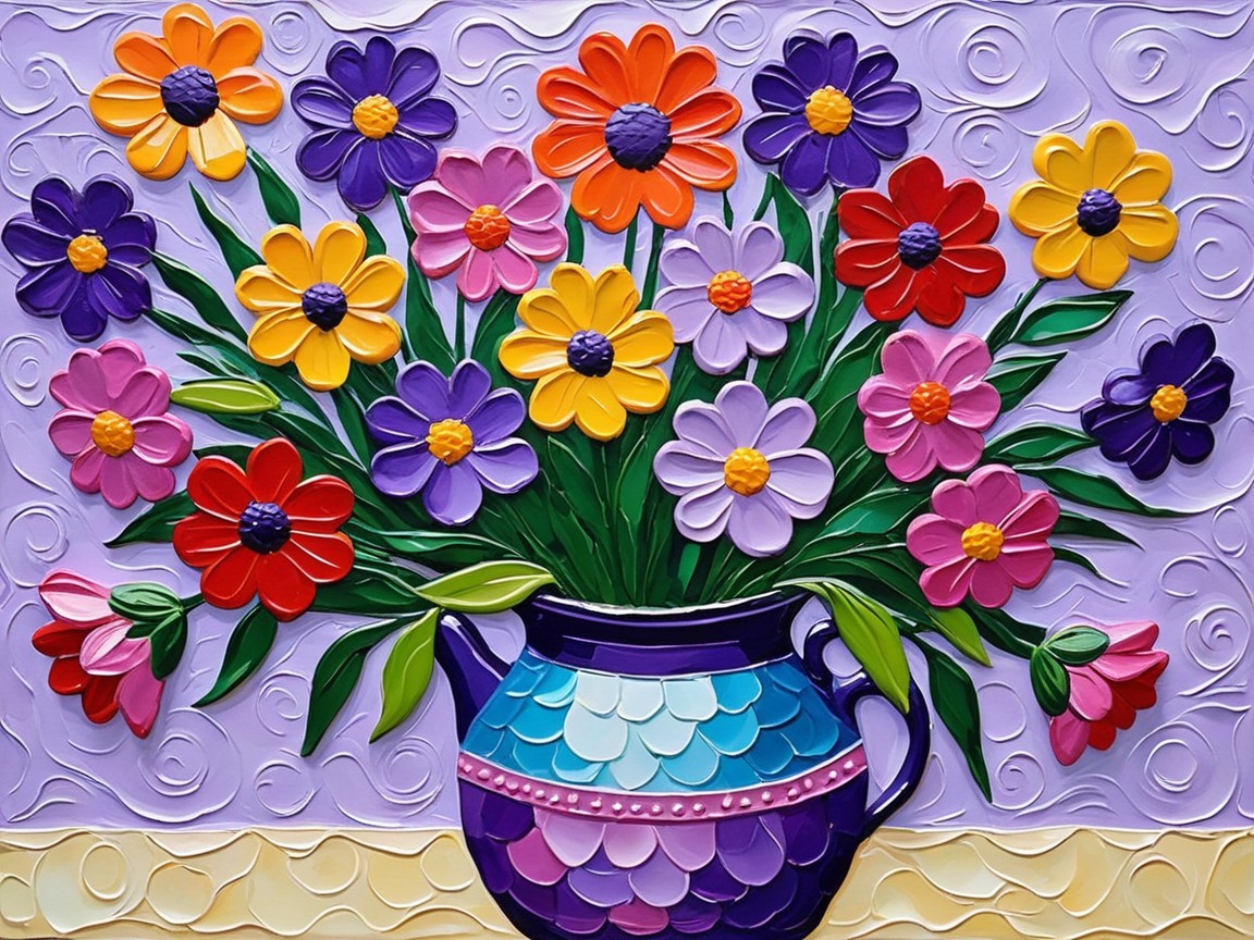 Colorful Flower Arrangement in Ceramic Vase on Lavender