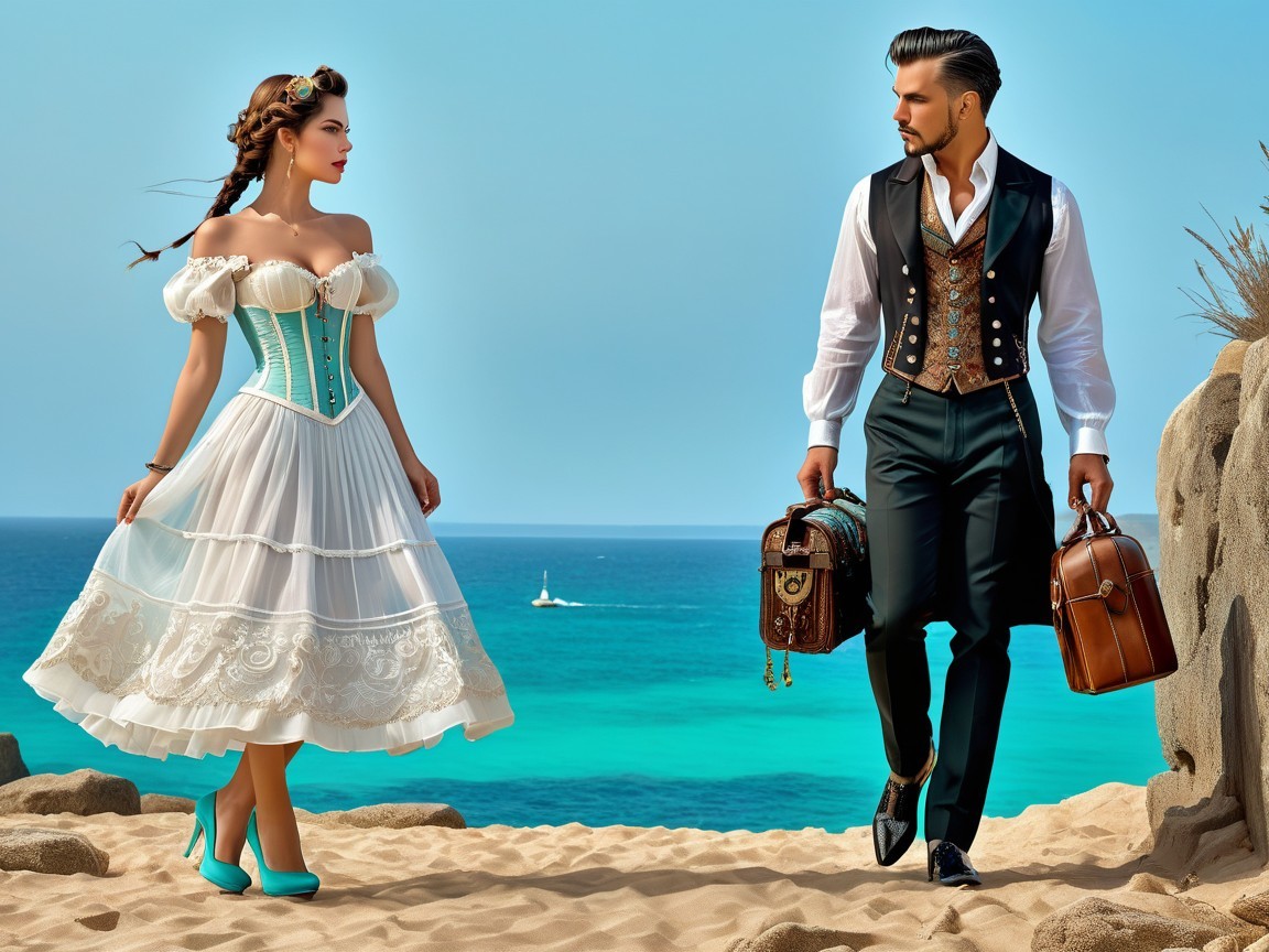 Couple on Beach in Vintage Attire with Turquoise Waters