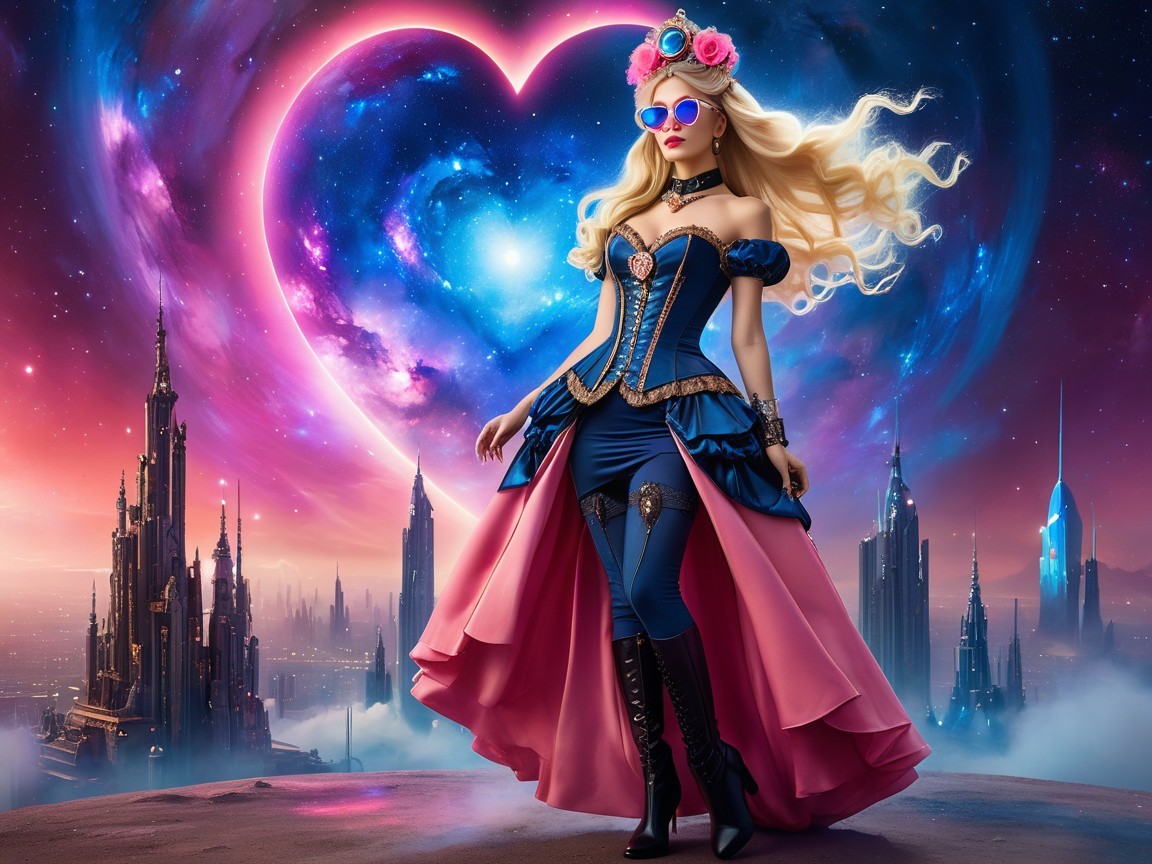 Fashionable Doll in Fantasy Landscape with Gown and Accessories