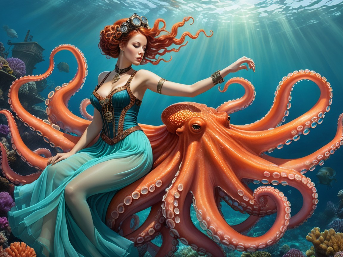 Underwater Scene with Woman and Vibrant Octopus