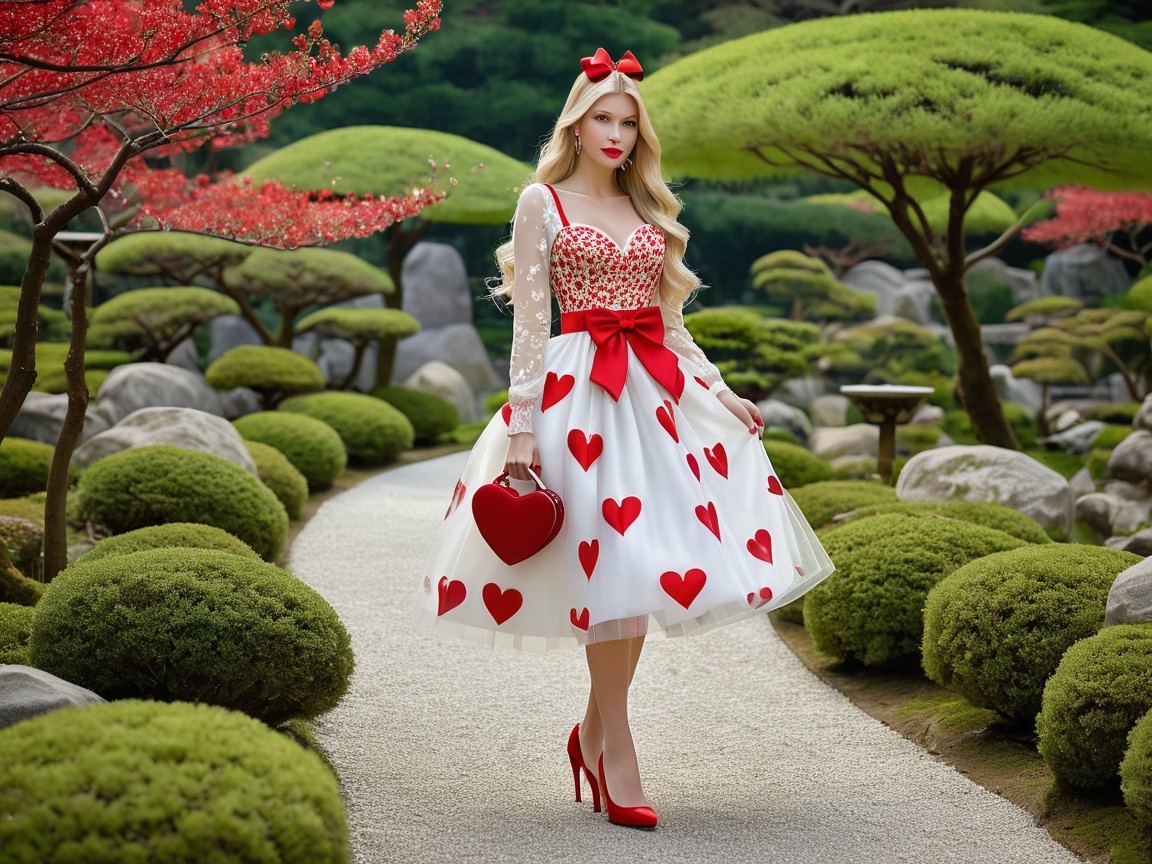 Whimsical Heart-Patterned Dress in Serene Garden