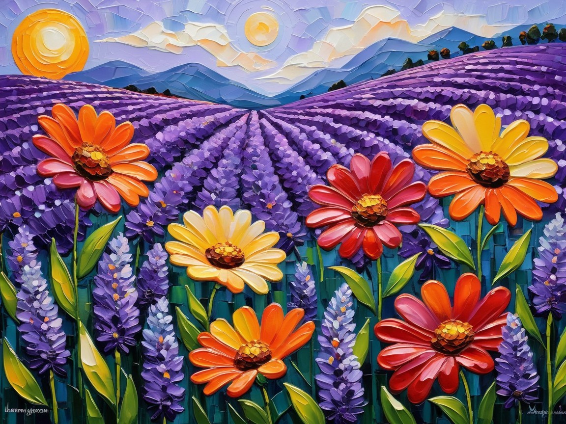 Vibrant Landscape with Lavender Field and Mountains