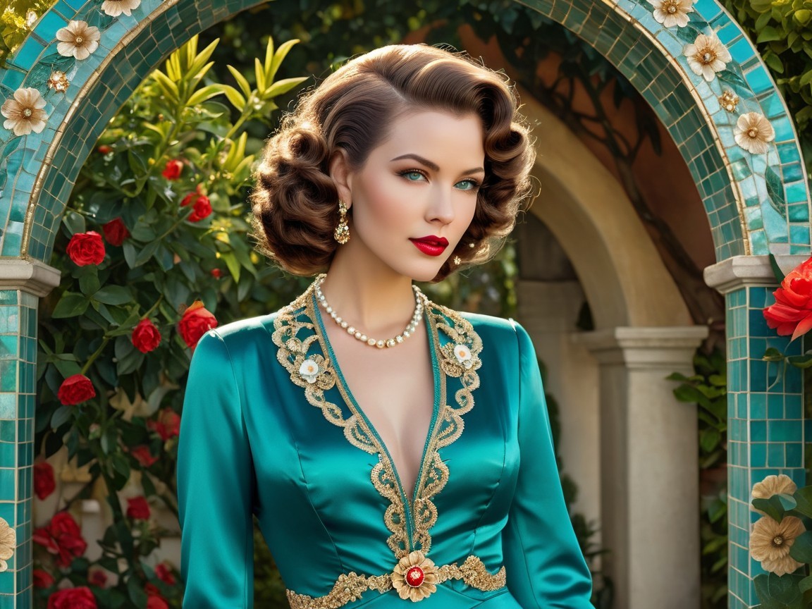 Glamorous Woman in Teal Dress Surrounded by Roses