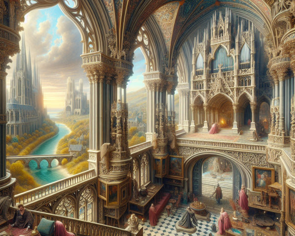 Gothic Castle Interior with Stained Glass and Scenic Views