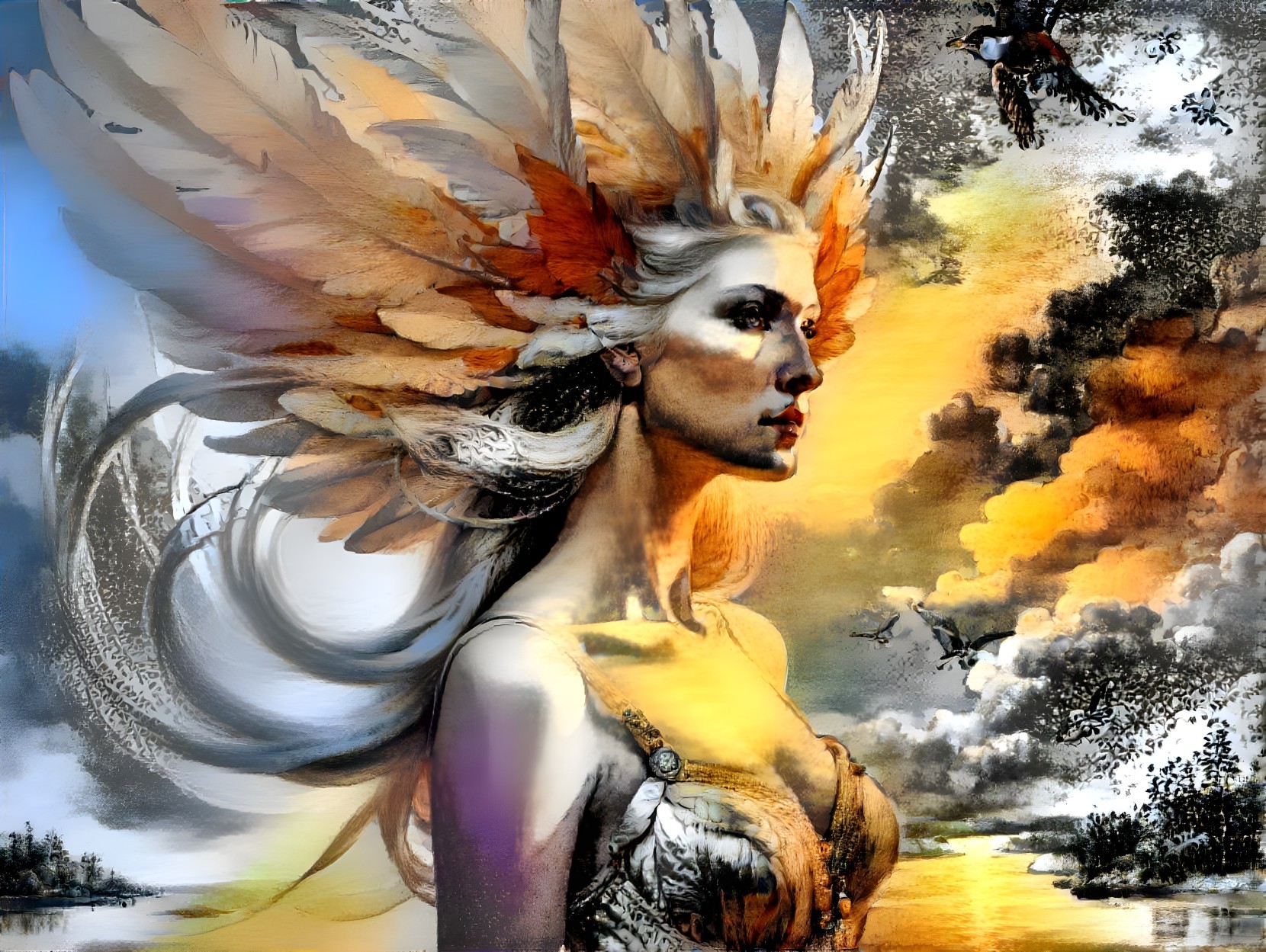 Majestic figure with wings against a sunset backdrop