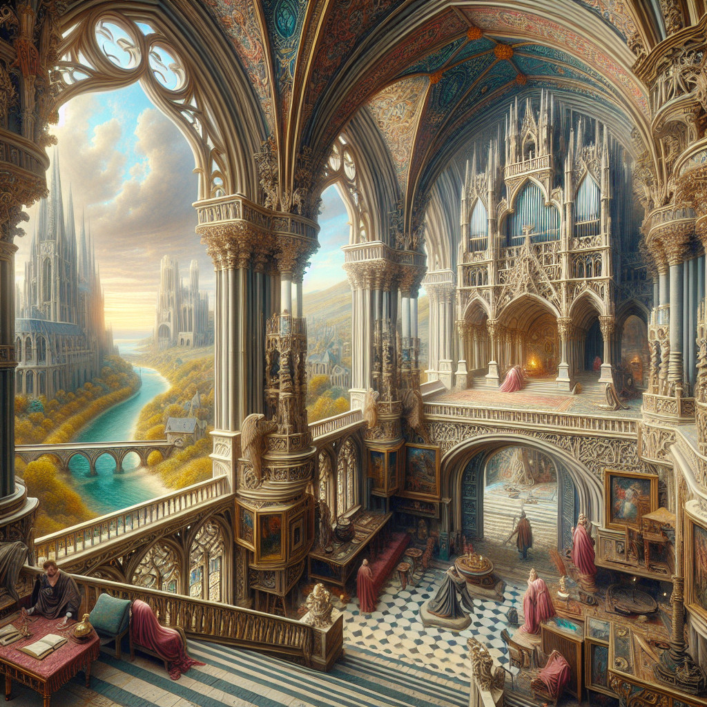 Gothic Castle Interior with Stained Glass and Scenic Views