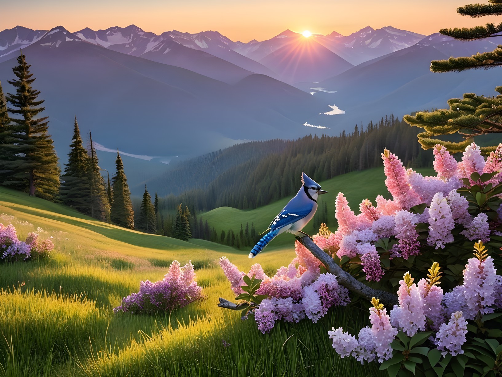 Sunrise Landscape with Mountains and Vibrant Flowers