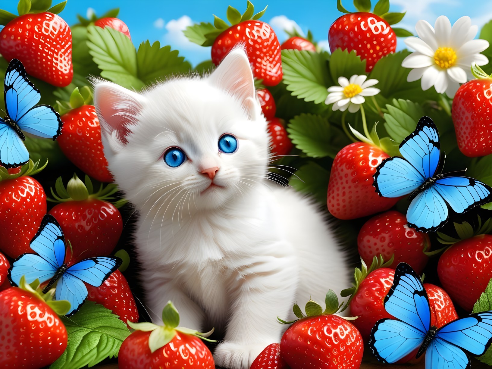 Fluffy White Kitten Among Strawberries and Butterflies