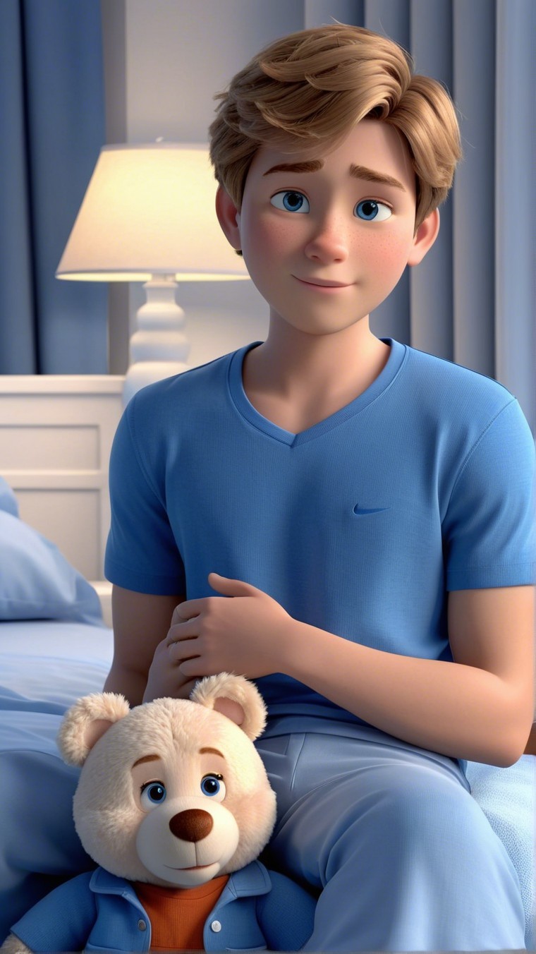 Young boy with teddy bear in cozy bedroom setting
