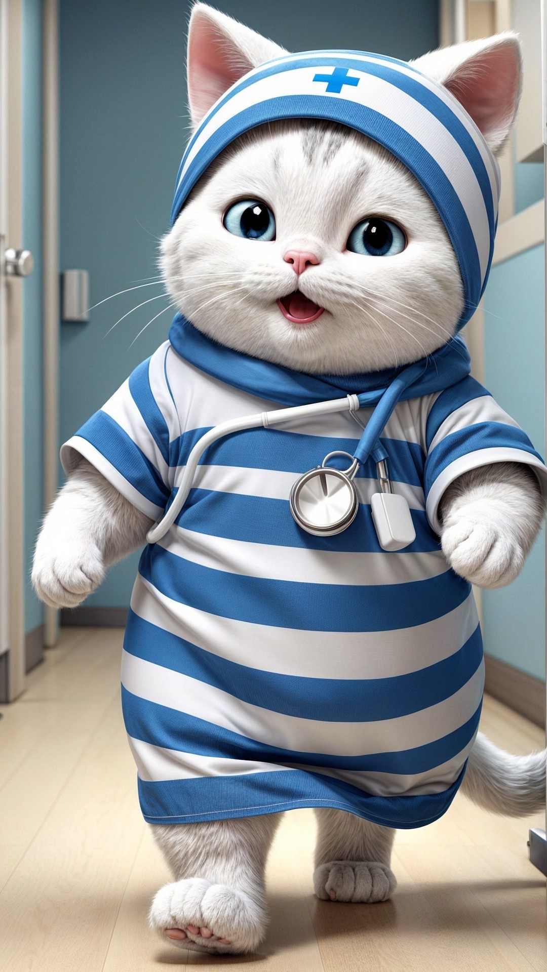 Fluffy White Kitten in Medical Uniform with Stethoscope