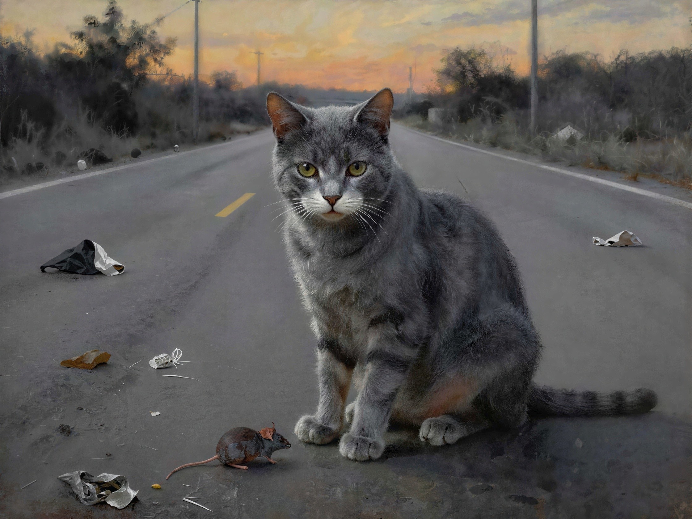 Gray Tabby Cat and Rat on Weathered Asphalt Road