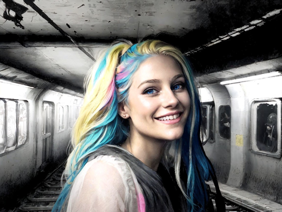 Young woman with colorful hair in subway tunnel setting