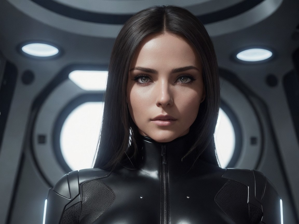 Female figure in futuristic setting with high-tech ambiance