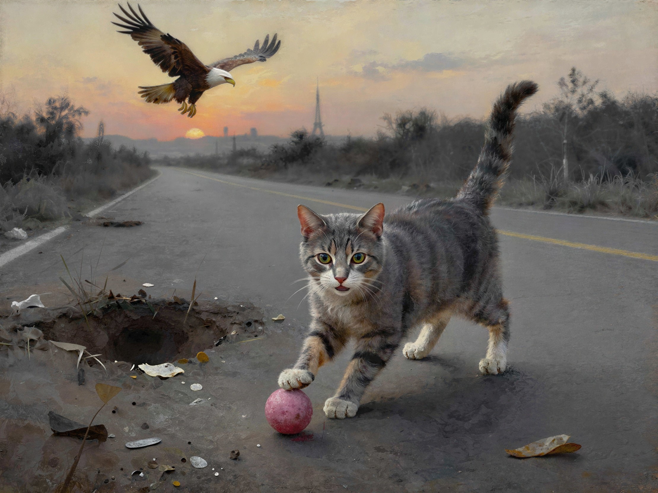 Alley Cat Playing with Ball in Sunset Scene