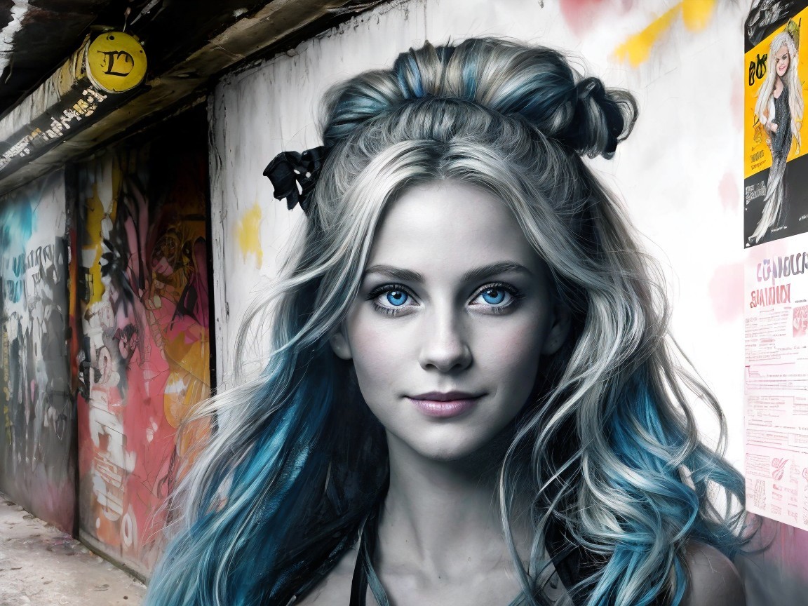 Young Woman with Blue Eyes in Colorful Urban Alley