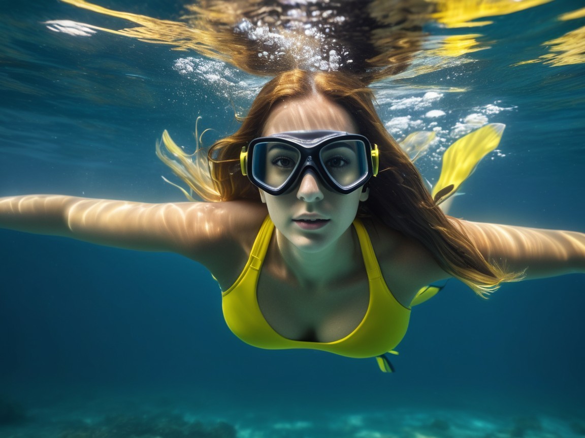 Woman Swimming Gracefully in Yellow Swimsuit Underwater