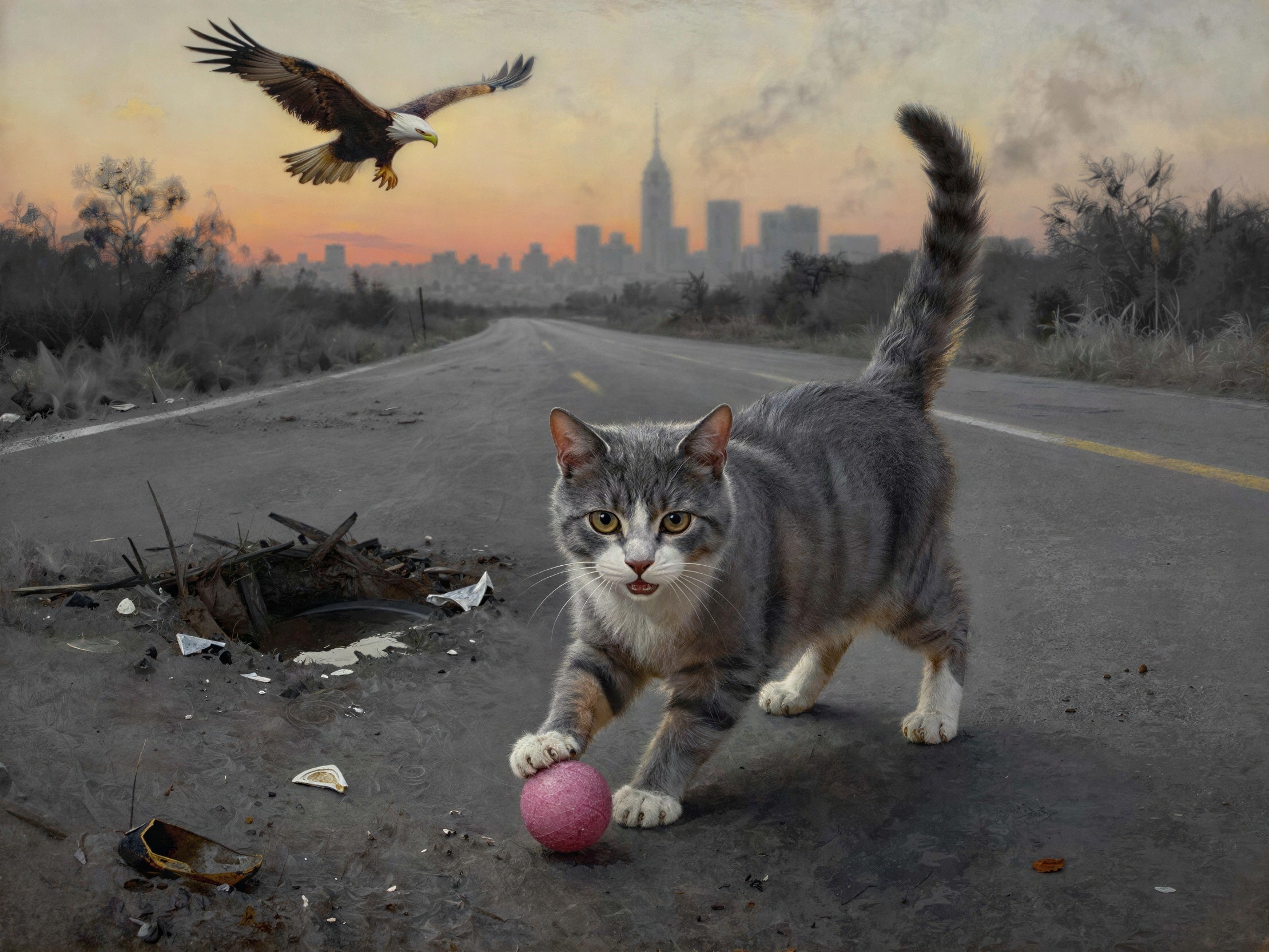 Gray Tabby Cat Playing with Pink Ball at Sunset
