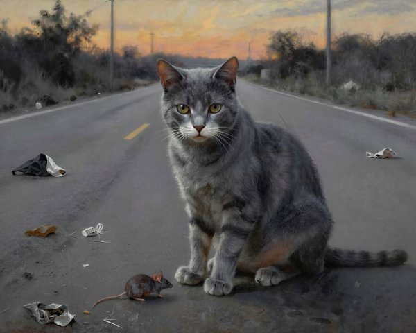 Gray Tabby Cat and Rat on Weathered Asphalt Road