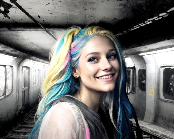 Young woman with colorful hair in subway tunnel setting