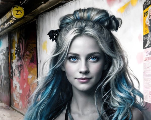 Young Woman with Blue Eyes in Colorful Urban Alley