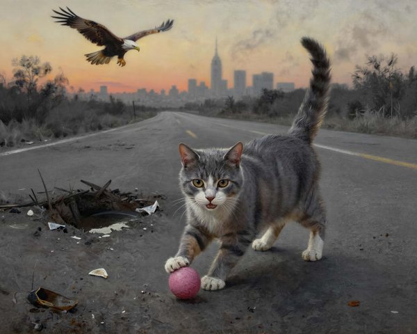 Gray Tabby Cat Playing with Pink Ball at Sunset