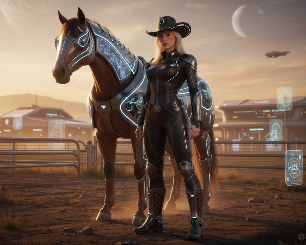 Realistic Female Cyberpunk Cowboy in Futuristic Desert