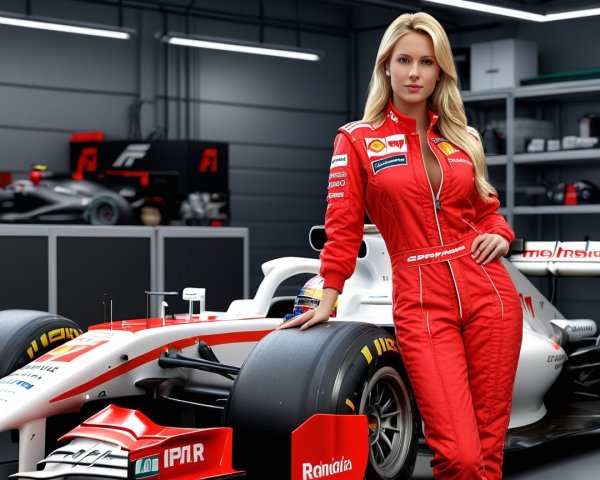 Blonde Woman in Red Suit Next to Formula 1 Car