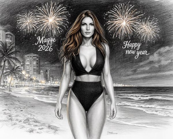 Digitally Enhanced Charcoal Sketch of Woman on Beach