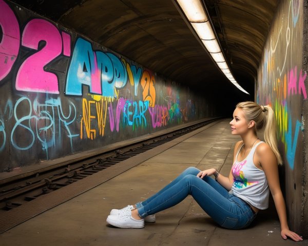 Young woman in subway tunnel with vibrant graffiti