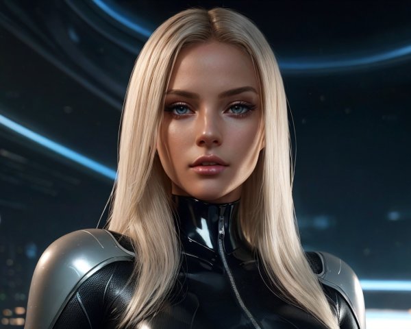 Futuristic Figure in Sleek Black Suit with Blue Eyes
