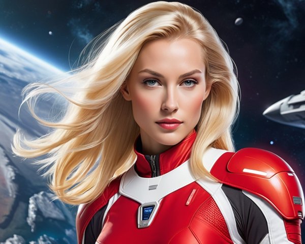 Female Astronaut in Futuristic Space Suit with Cosmic Backdrop