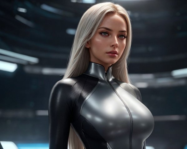 Futuristic Female Character in Metallic Suit and High-Tech Setting