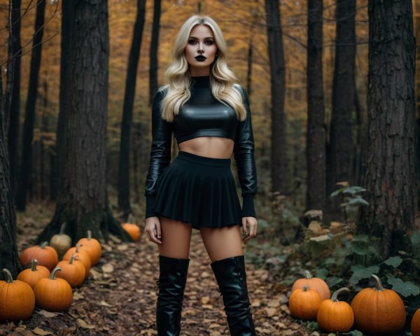 Model in Autumn Forest with Stylish Outfit and Pumpkins