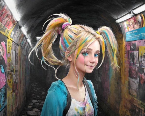 Young woman in colorful outfit in graffiti tunnel