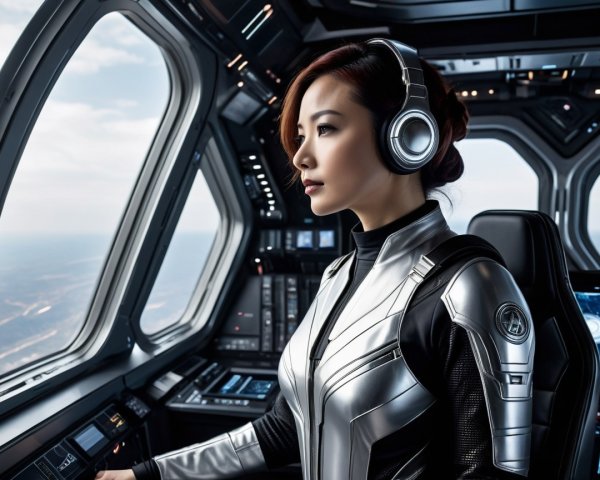 Female Astronaut in Spacecraft Cockpit with Earth View