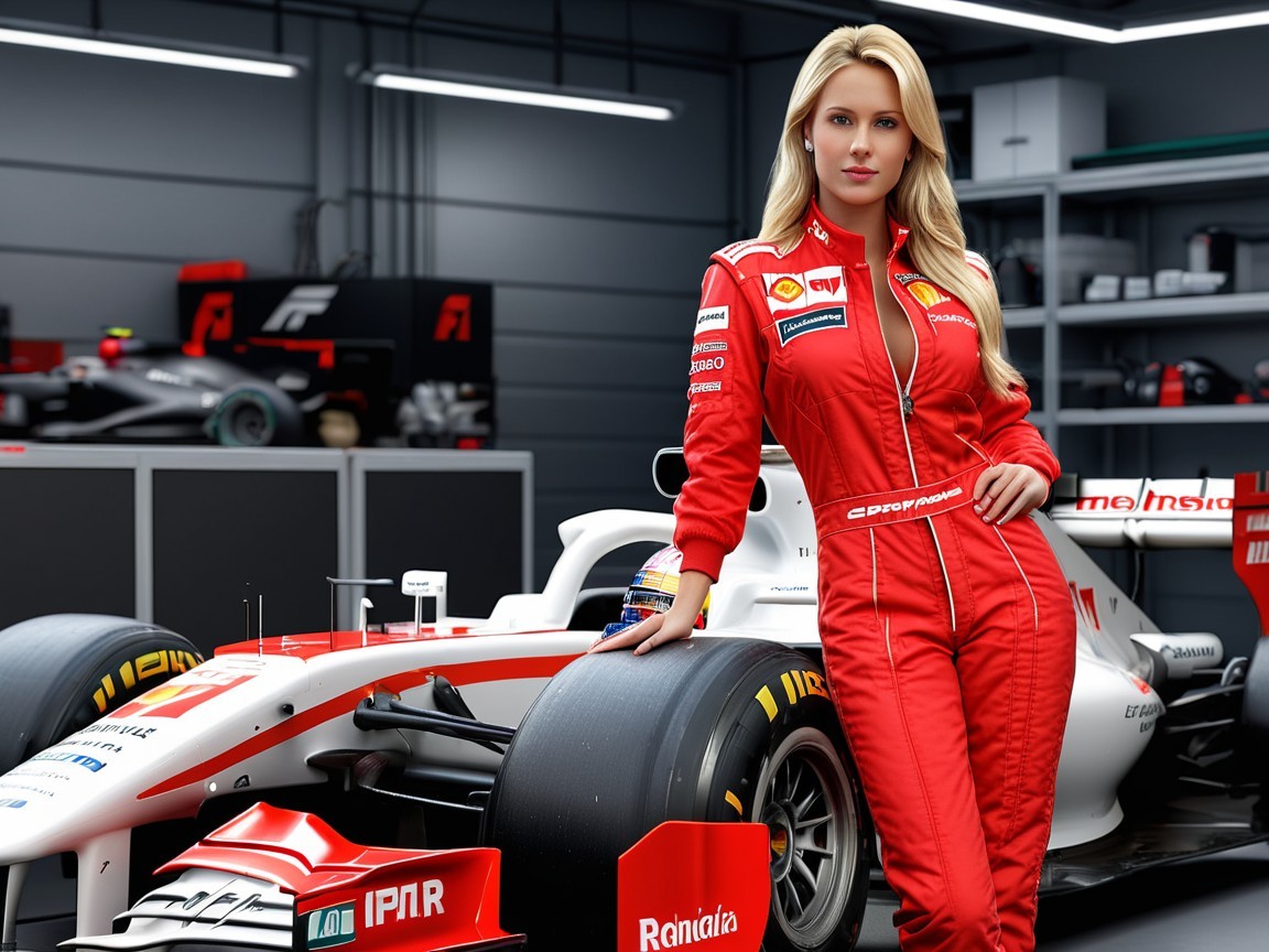 Blonde Woman in Red Suit Next to Formula 1 Car
