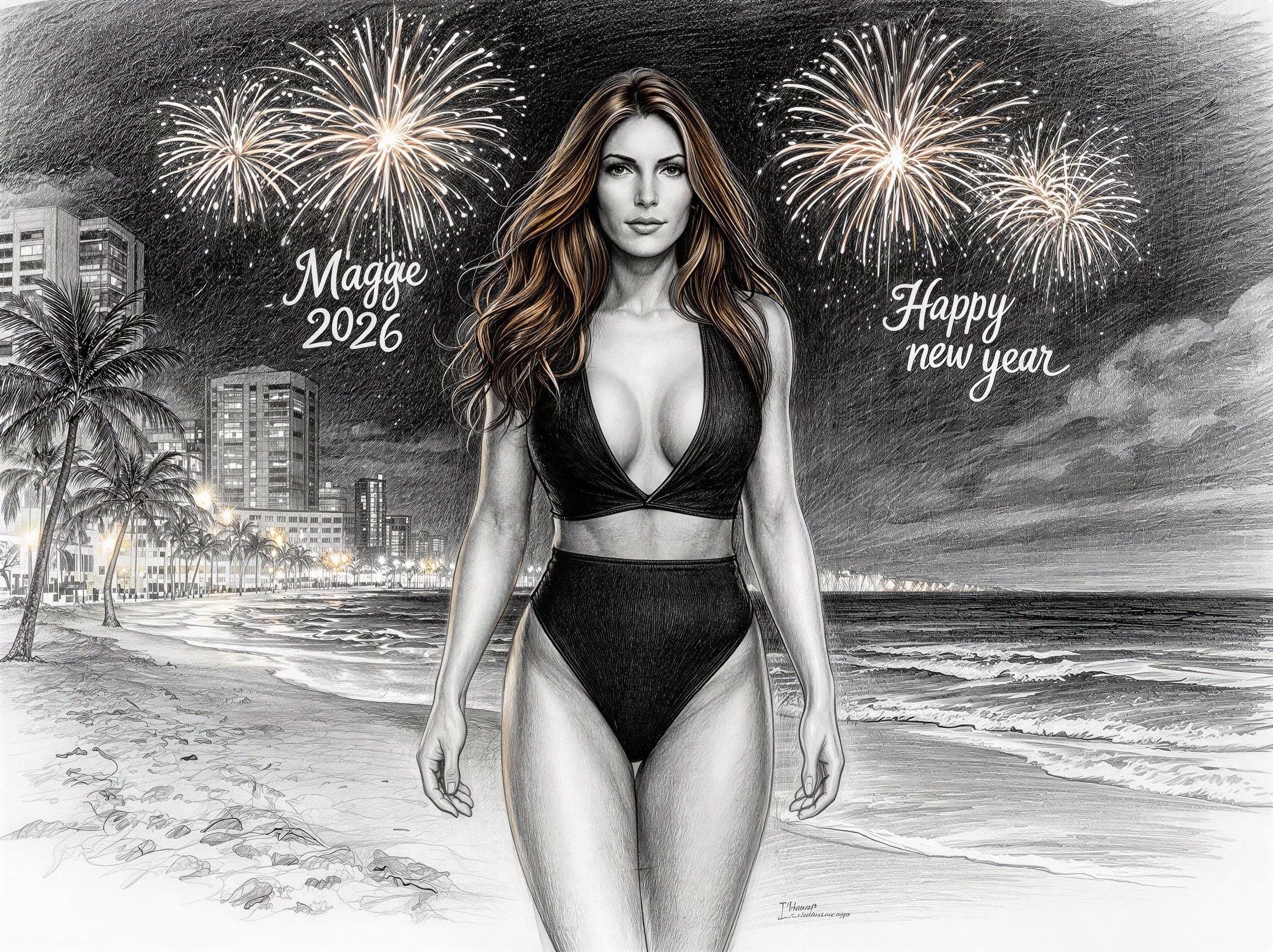 Digitally Enhanced Charcoal Sketch of Woman on Beach