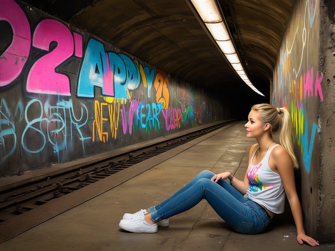 Young woman in subway tunnel with vibrant graffiti