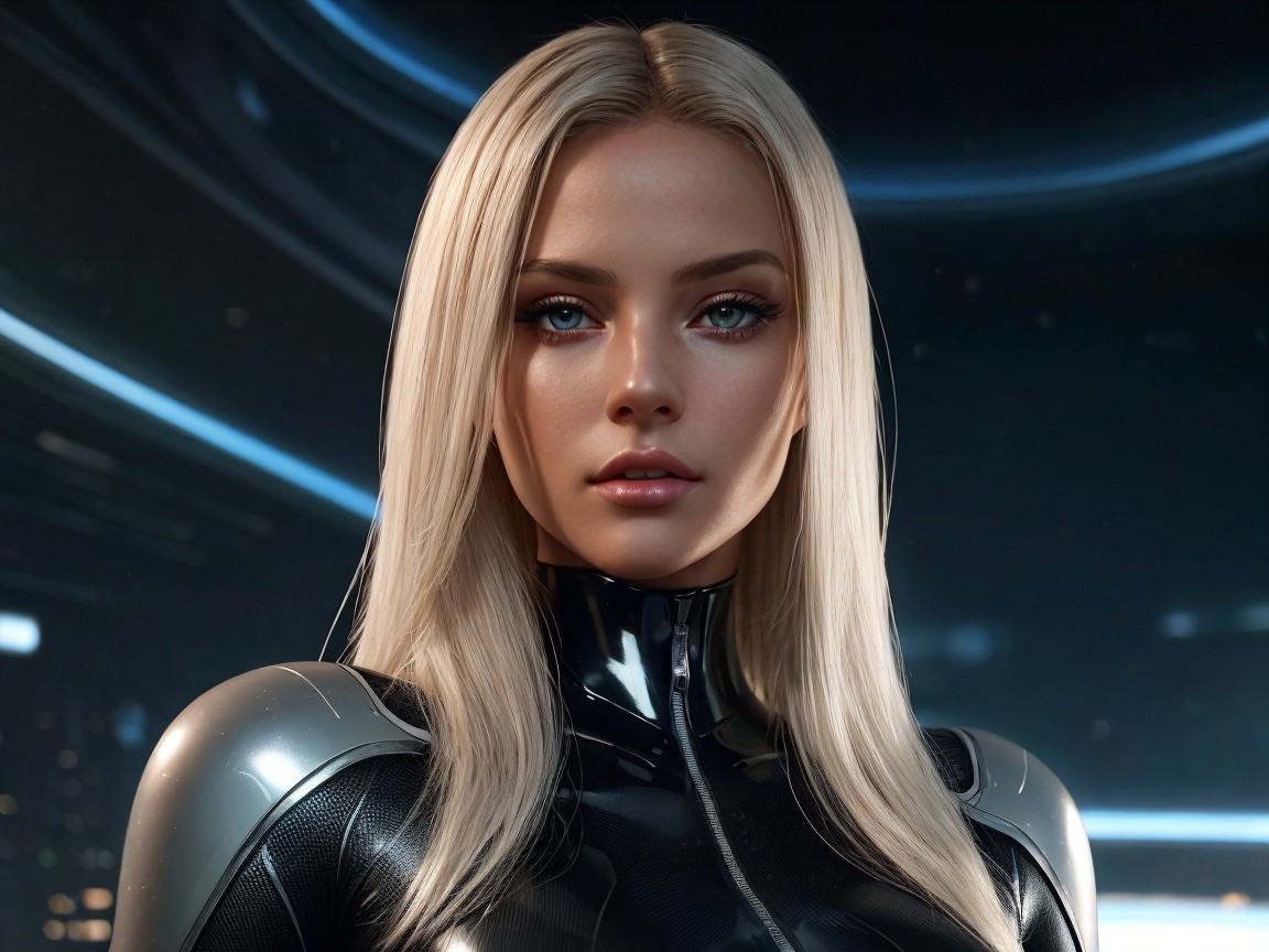 Futuristic Figure in Sleek Black Suit with Blue Eyes